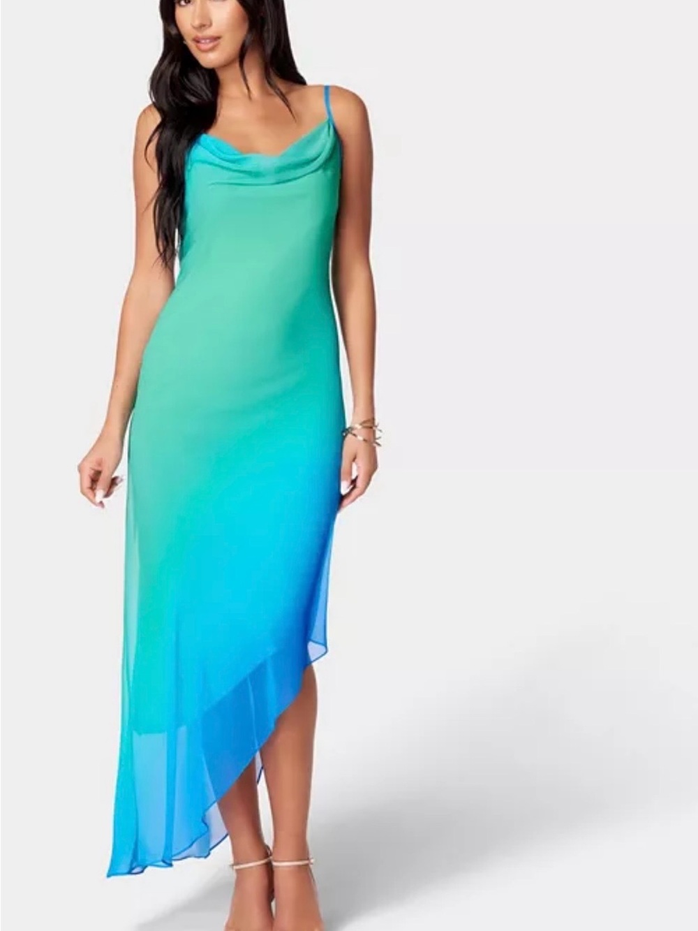 bebe Aqua-to-Blue Ombre Cowl Neck Midi Slip Dress